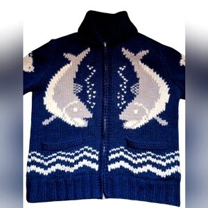 Hank Knit Navy Blue Fish Pattern Sweater Zip Up Cardigan Fishermans Size Medium